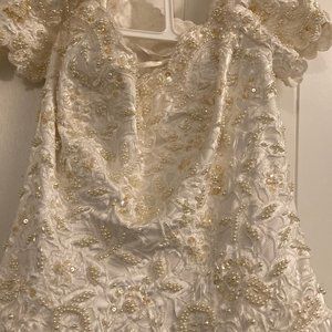 Beaded Brocade Embellished Off the Shoulder Wedding Gown with long beaded train